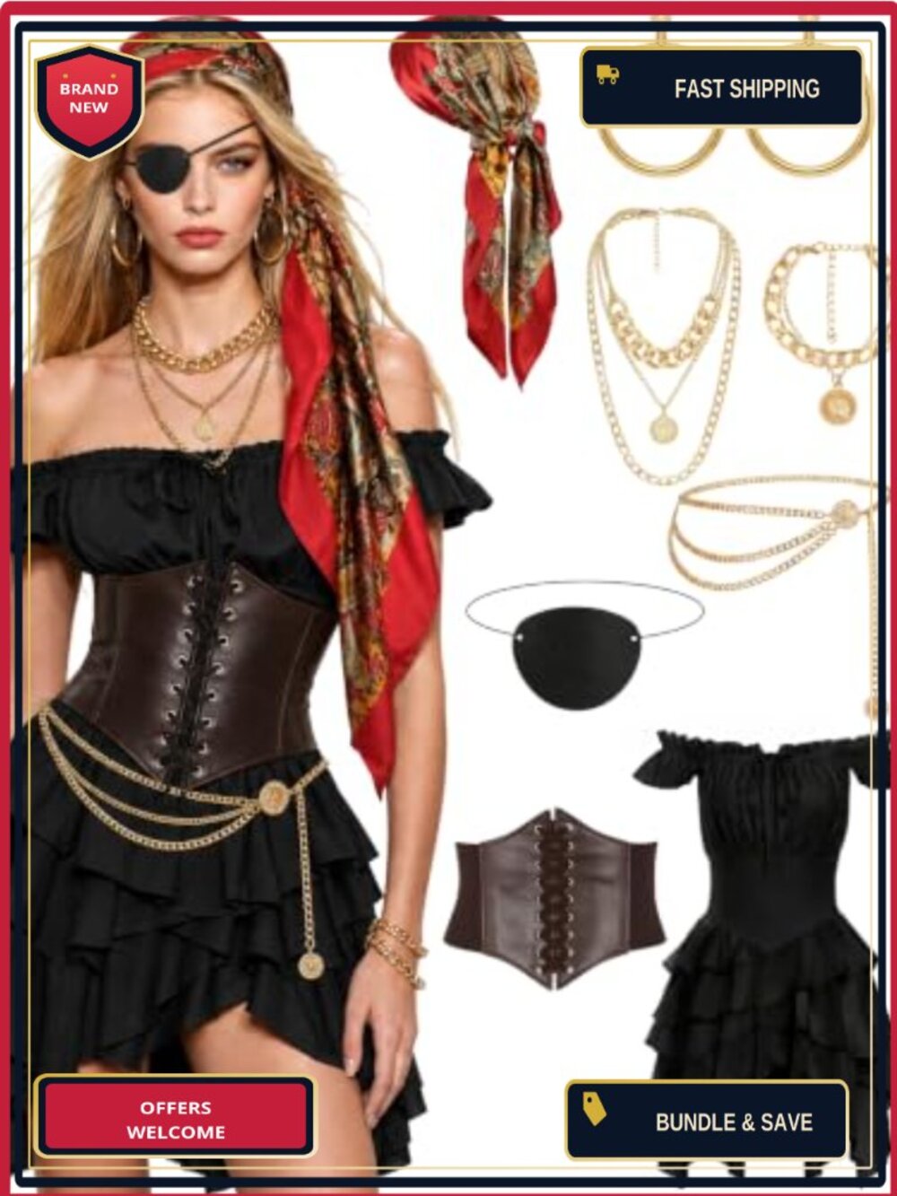 Womens Pirate Costume Renaissance Medieval Dress 8 Piece Set
